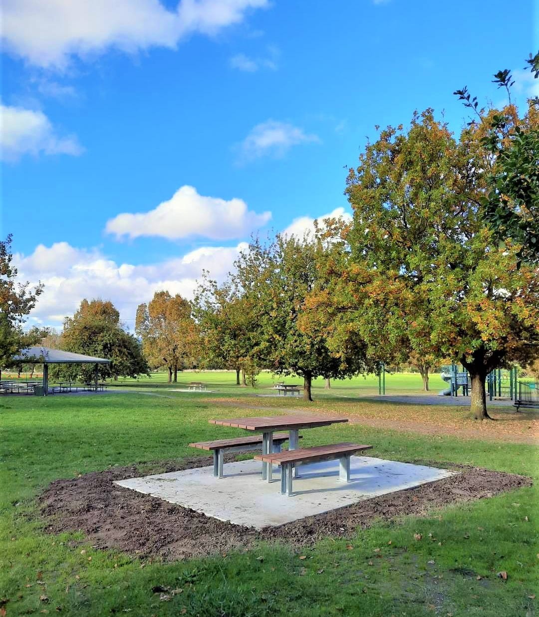 A new picnic table installed at Jells Park. The table is surrounded by a large concrete slab, and green grass. Autumn foliage and blue skies frame the photo.