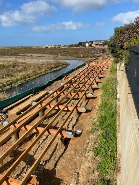 A photo of the construction of the Bay Trail extension. Timber poles have been installed, and the subframe is in progress.