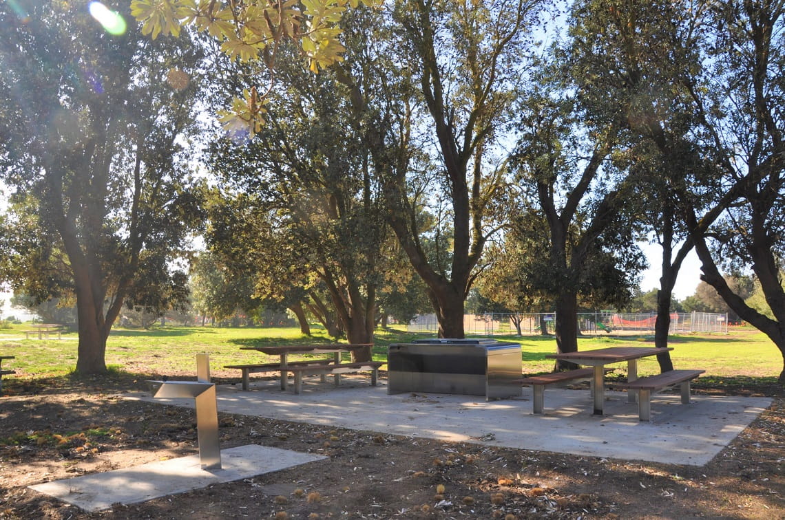 A new barbecue, drinking fountain and picnic tables sit on top of new concrete slabs, beneath the shade of tall trees. 