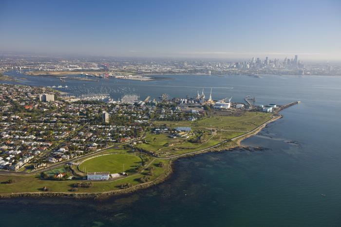 Aerial view of Point Gellibrand Coastal Park, Melbourne and Port Phillip 