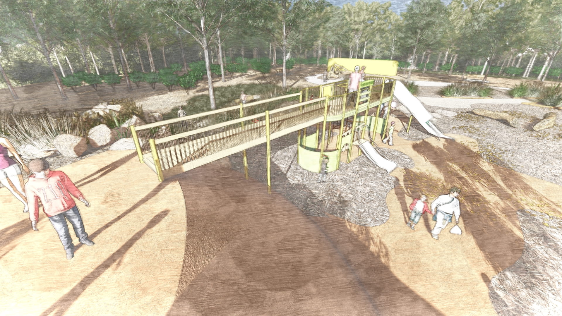 Accessible bridge linking the play mound to the tram fort at Wattle Park