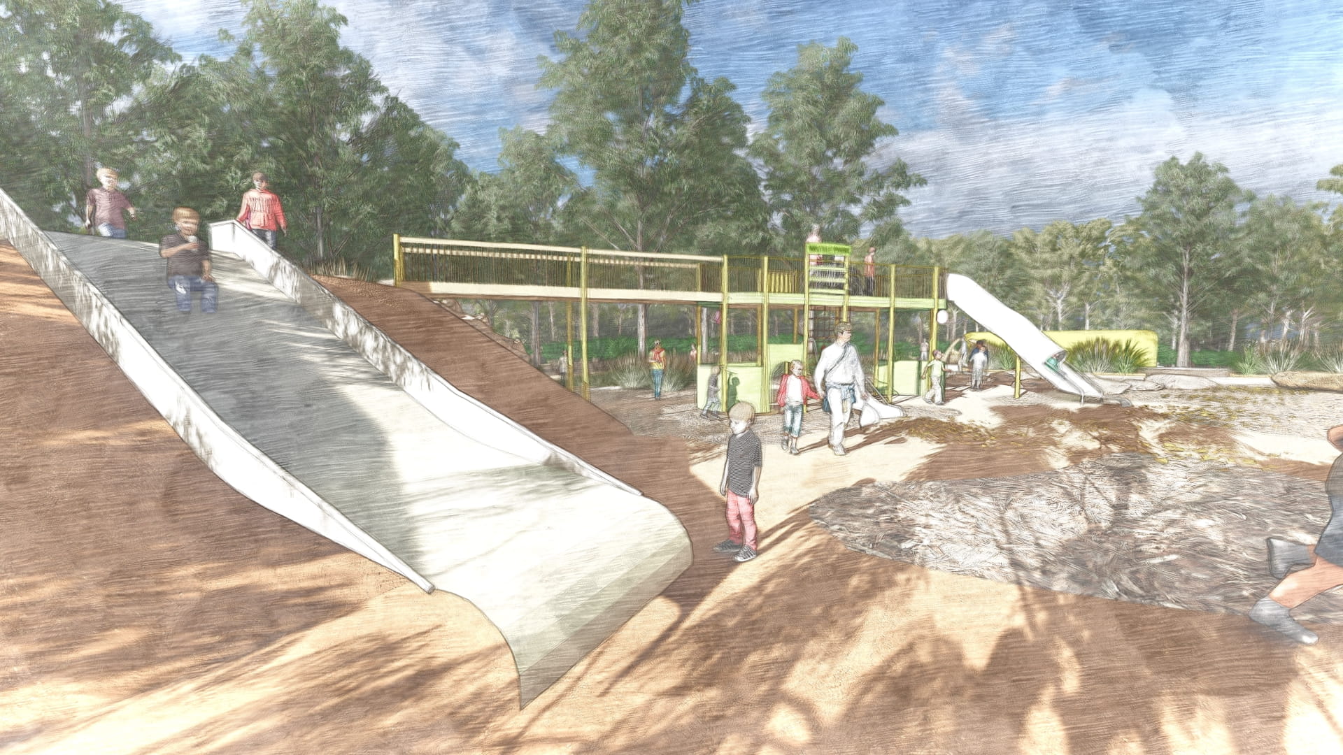 Play mound slide with the tram fort for new playscape at Wattle Park