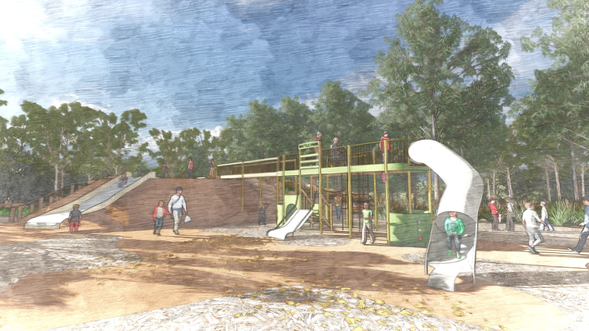 Play mound with the tram fort at the new playscape at Wattle Park
