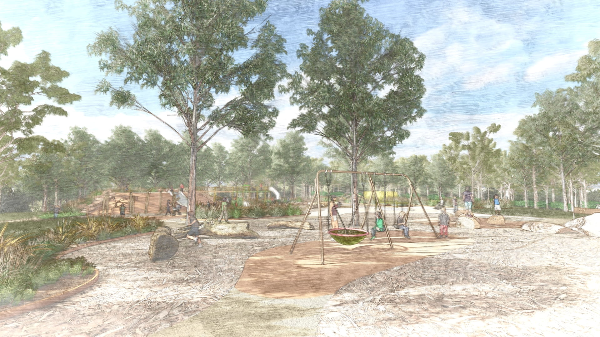 Swing play with planting beds design for the new playscape at Wattle Park