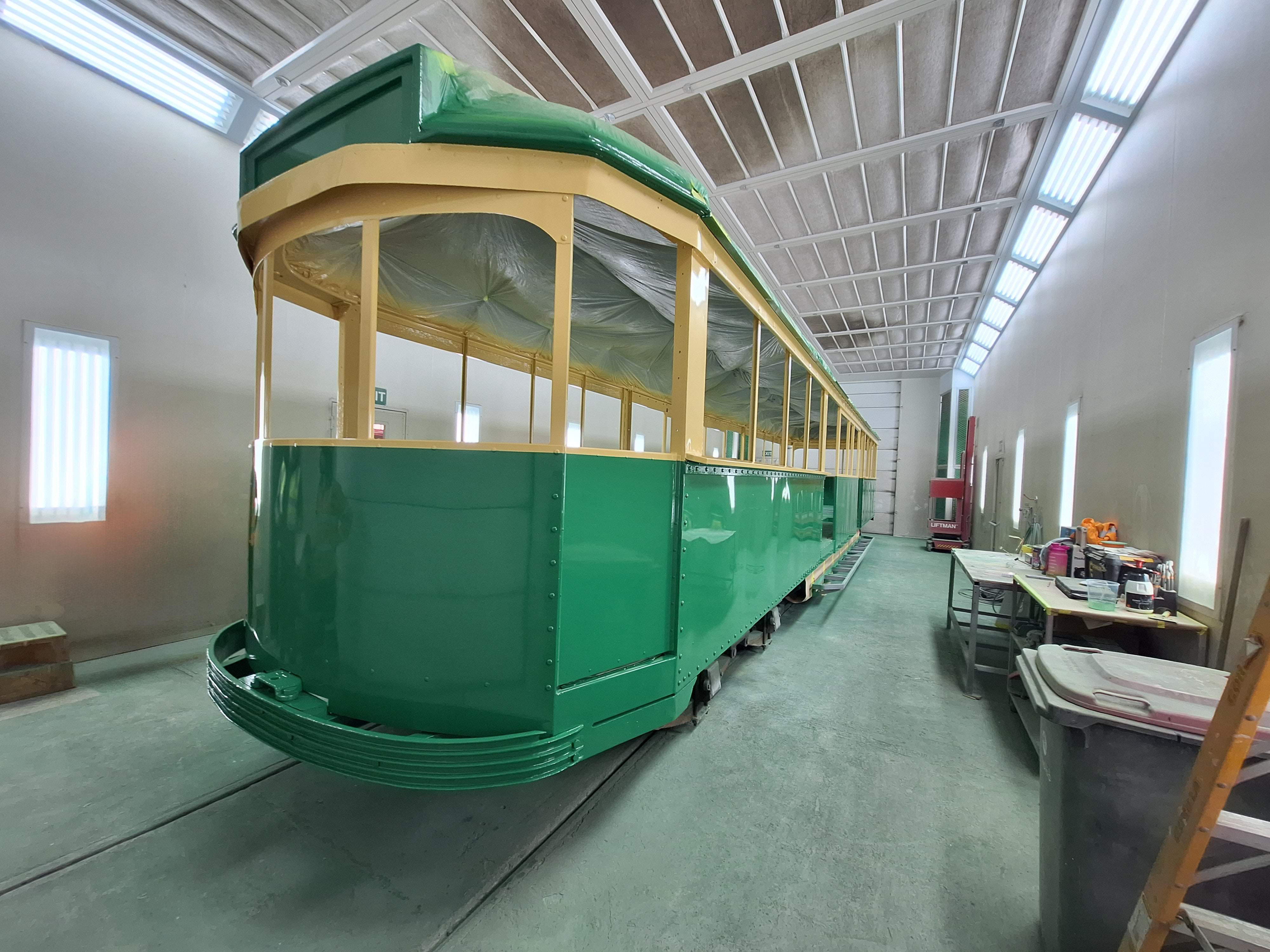 Freshly painted tram in workshop