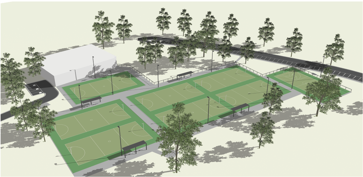 Artist impression image of eight netball courts, pavilion and landscaping 
