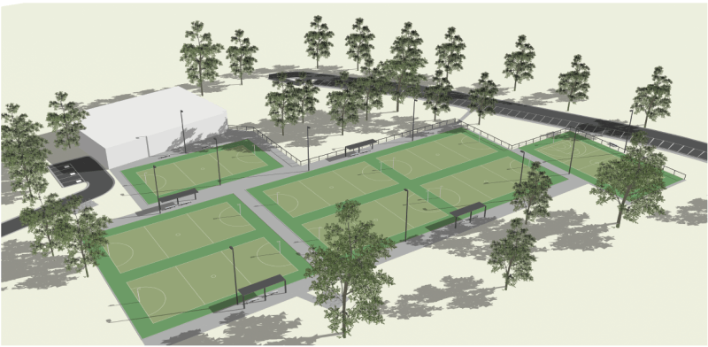 Artist impression image of eight netball courts, pavilion and landscaping