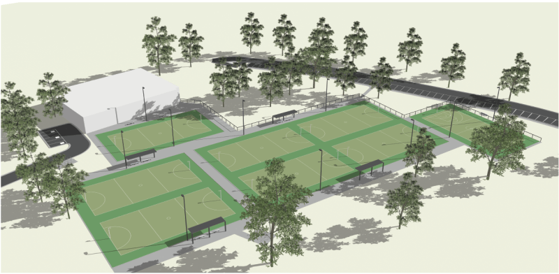 Artist impression image of eight netball courts, pavilion and landscaping 