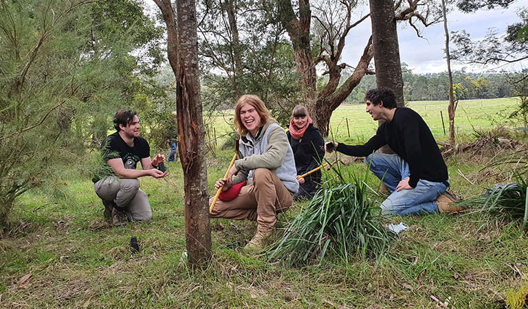 People kneeling on the ground, planting trees.