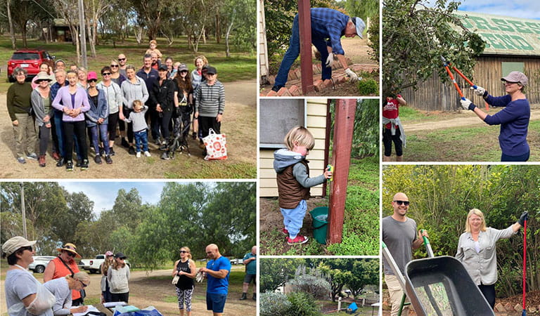 Collage of images of people working and gathered outdoors. 