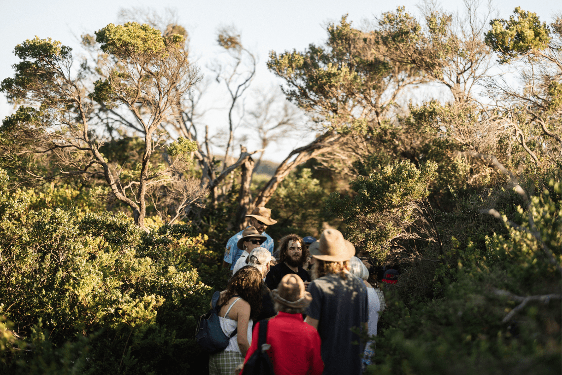Tour guide speaking to a group of visitors in the pathway of dense trees on either side under the shady section of the path.