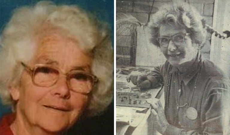 Two photographs of a woman wearing glasses.