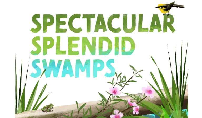 Illustrated image of a small bird and a swamp with the book title in the centre