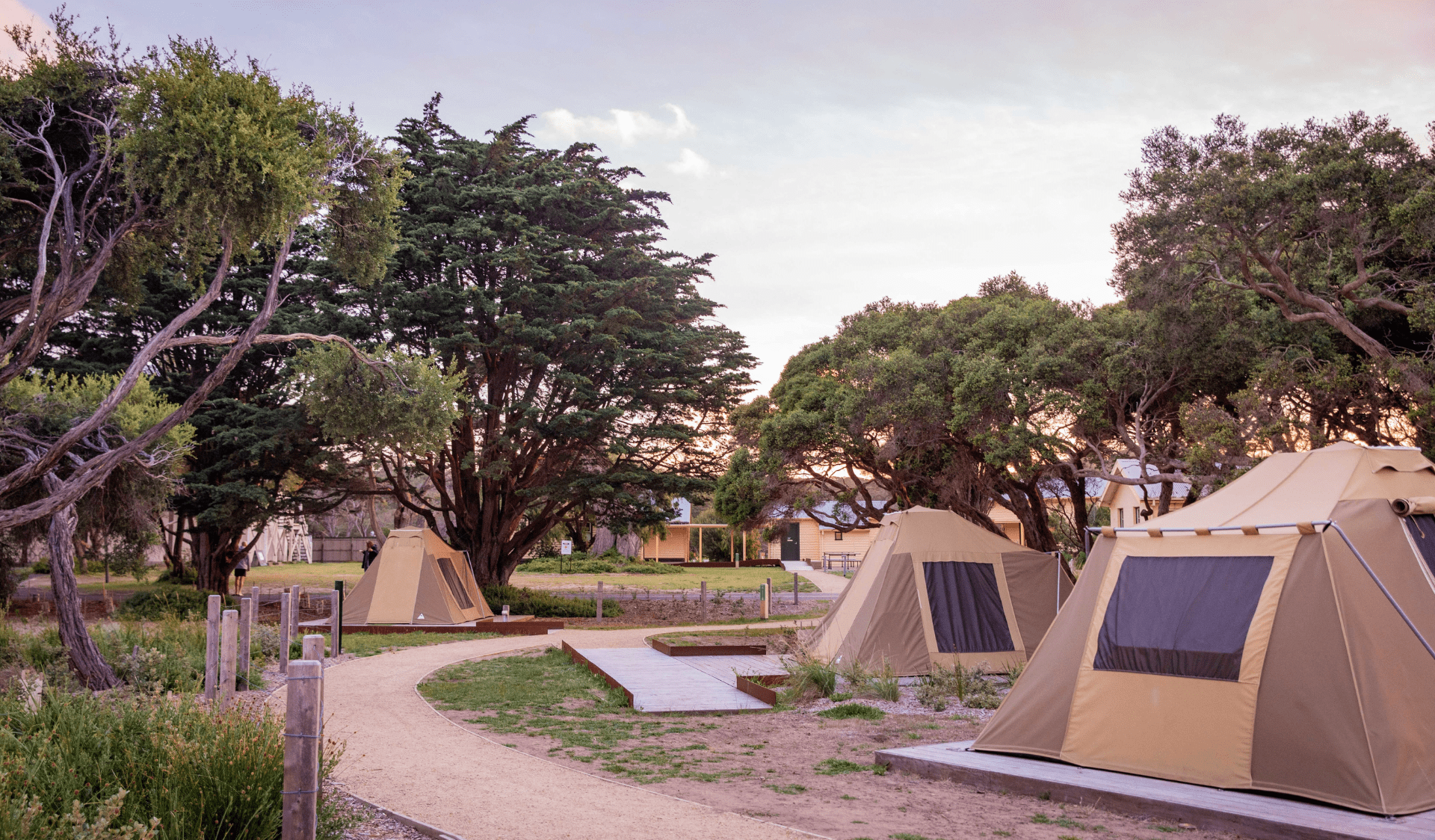 Pre-pitched Point Nepean Discovery Tents at sunset