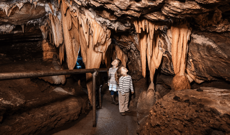Two children walking through a cave at Buchan Caves Reserve, looking up at stalactites