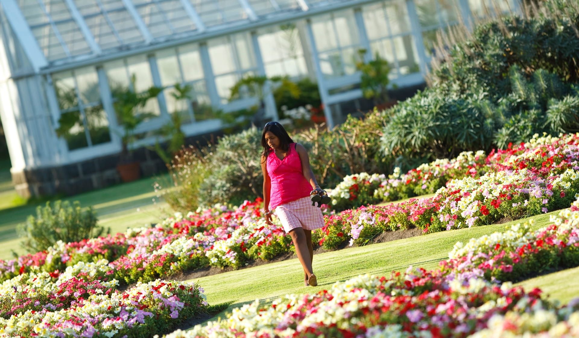 A woman with dark skin and hair, wearing a bright pink top and a pale pink skirt, walks through the flower gardens at Werribee Mansion. 