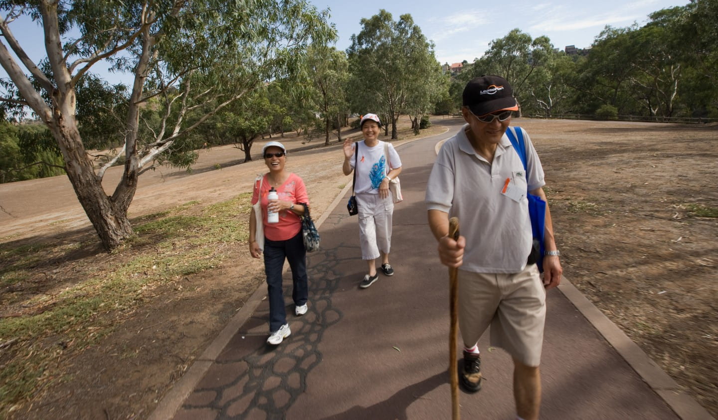 A group of friends enjoying a walk in a park.