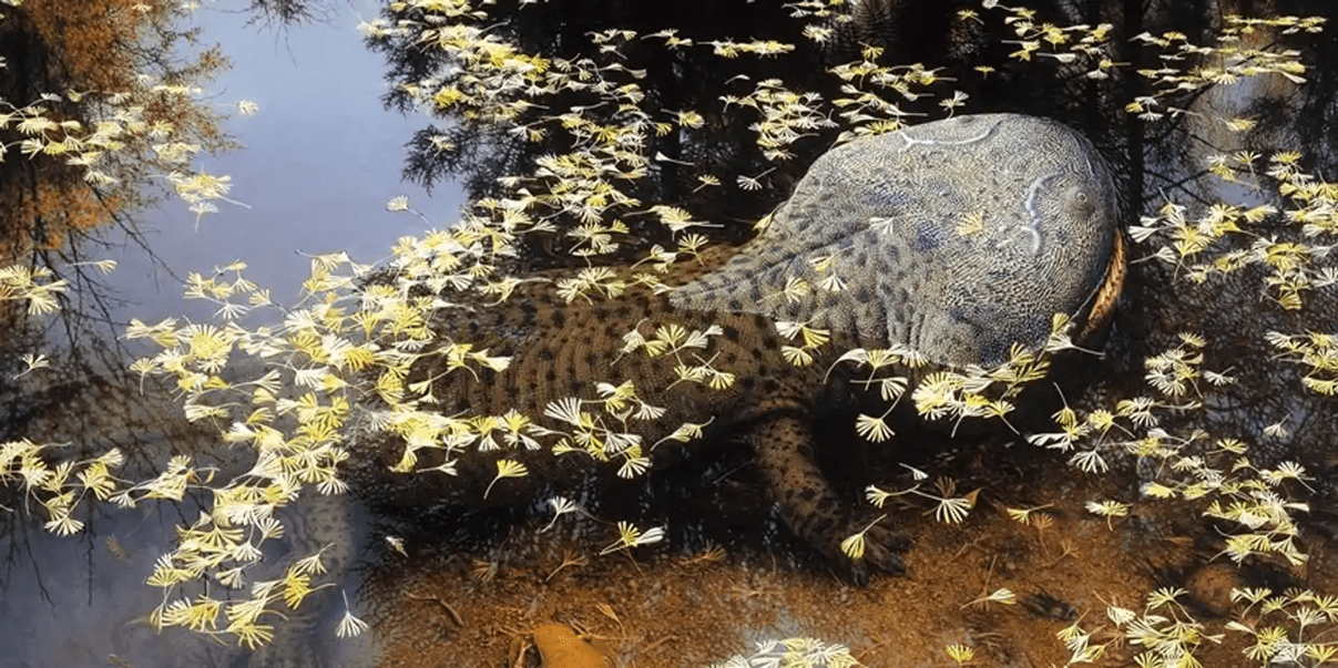 a giant newt-like amphibian lies in  the water from over 115 million years ago.