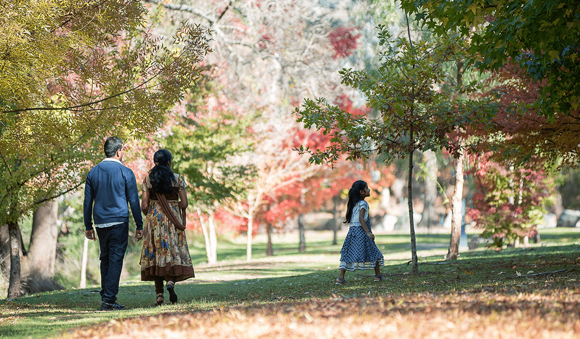 A family walks through the trees at Buchan Caves Reserve in autumn