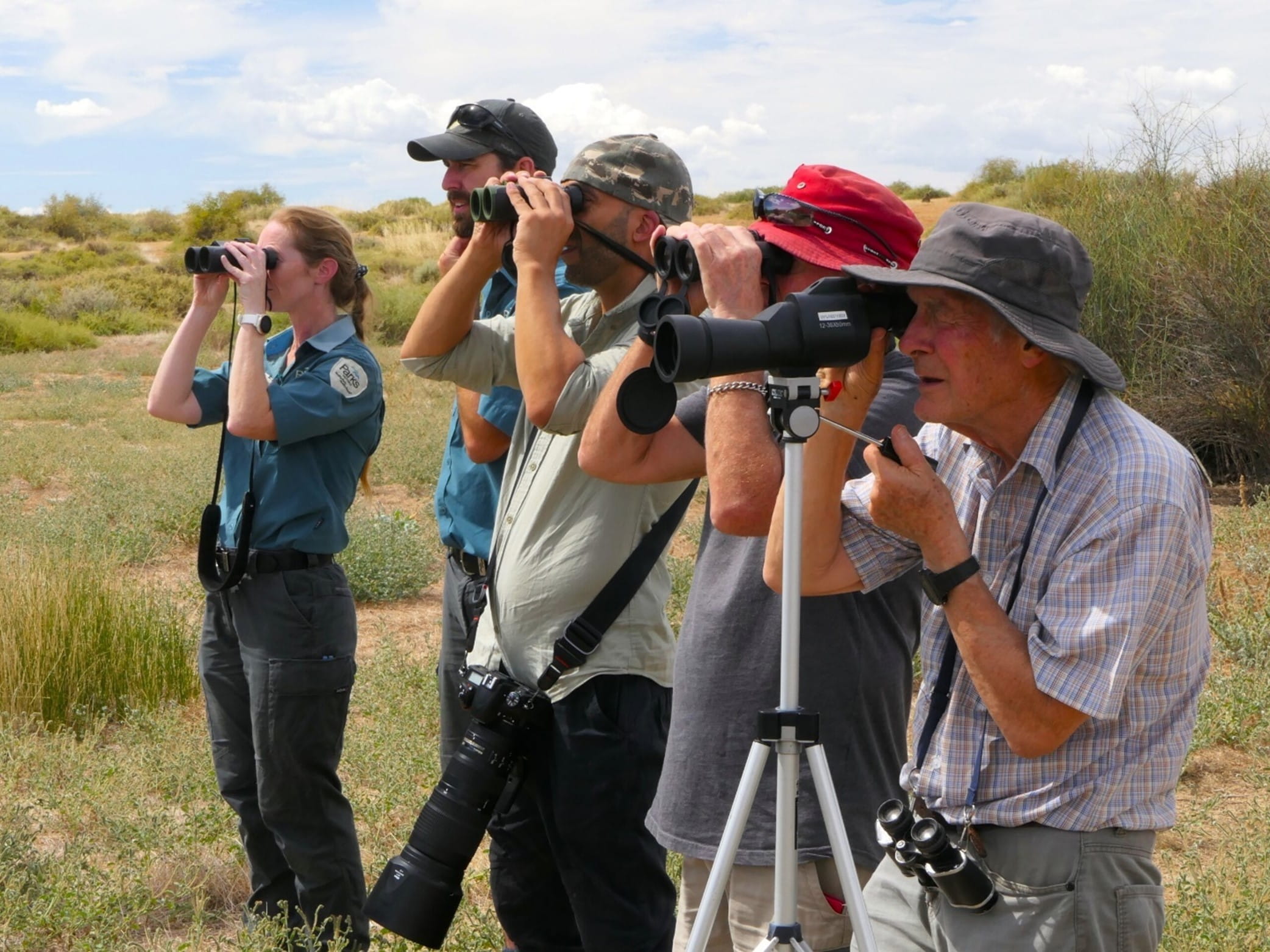 five volunteers are peering through binoculars during daylight hours. 