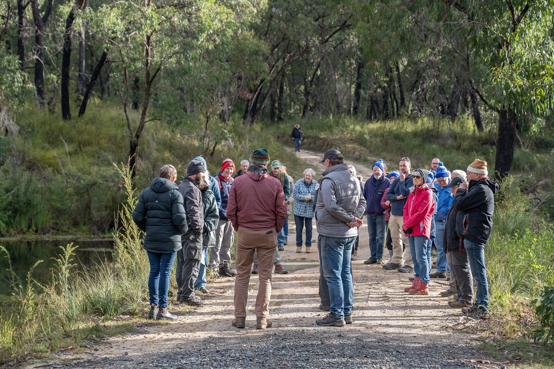 Volunteers gathered at the dam on Buttongrass Nature Walk, Credit: Parks Victoria
