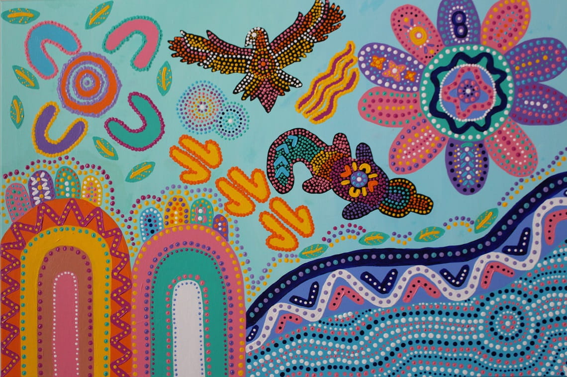 This painting by Wadawurrung artist Jenna Oldaker is called Gobata Dja, which means Take Care of Country.