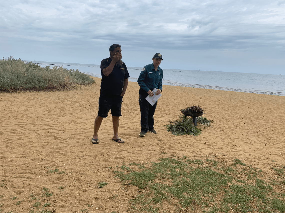 Uncle Shane Clarke from Bunurong Land Council and Parks Victoria ranger presenting at Ricketts Point Marine Sanctuary