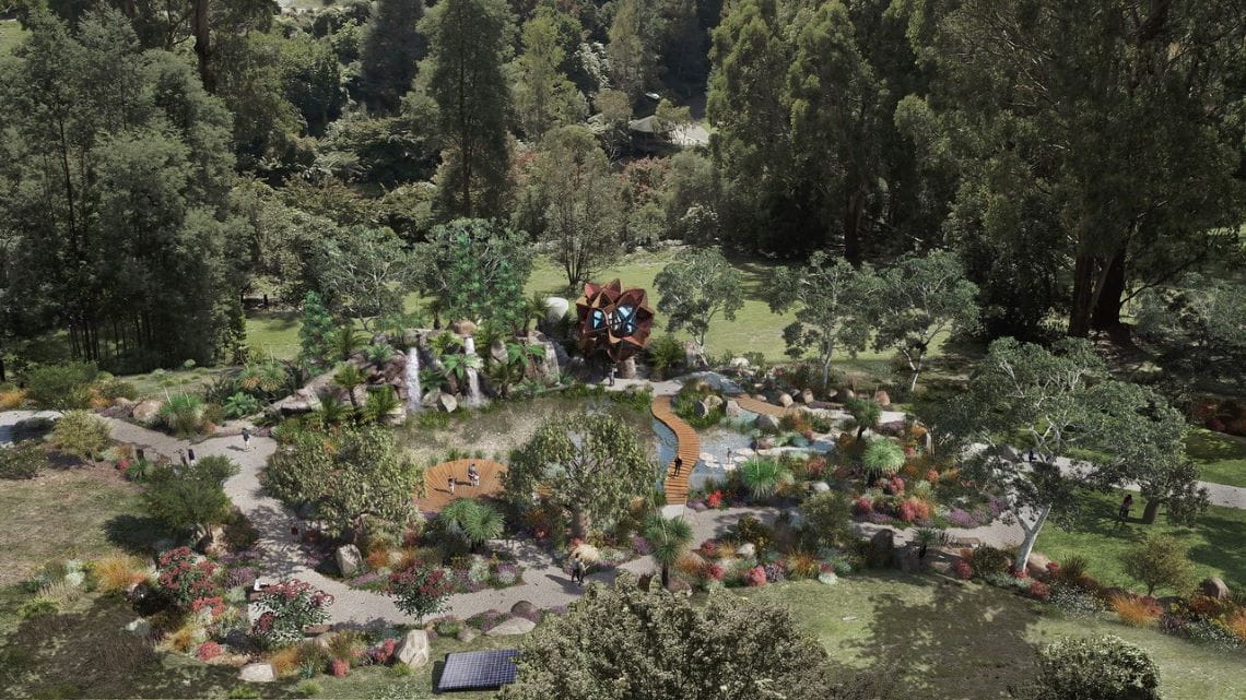 Landscape view of a garden with a winding path through Australian plants