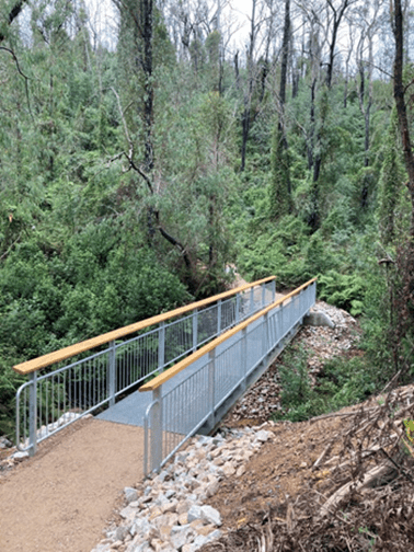 A metal bridge crossing a gully surrounded by lush vegetation - some blackened, bare tree trunks remain as a reminder of the Black Summer bushfires.