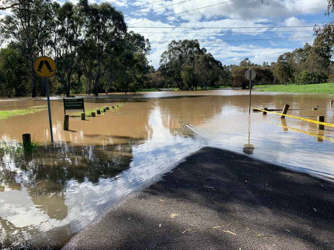 The car park at Yarra Valley Parklands is submerged in floodwaters