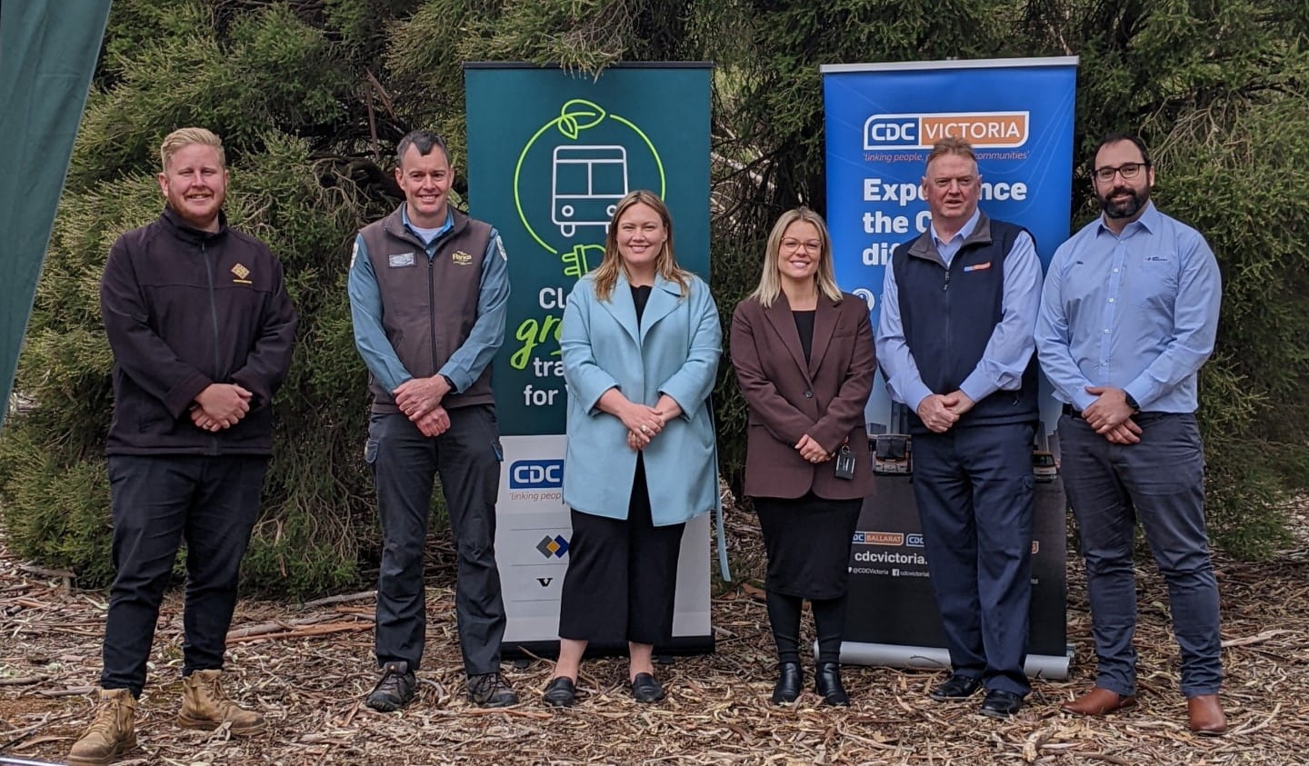 From left to right: Wadawurrung Traditional Owners Aboriginal Corporation General Manager Greg Robinson, Parks Victoria District Manager Stuart Lardner, Member for Lara Ella George, CMV Group's Jess Brzezicki, CDC Victoria CEO Jeff Wilson, and CMV Group's Nick Curran at Serendip Sanctuary to announce a new sensory garden.