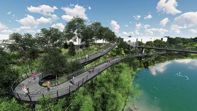 A drawing showing a path on a ramp leading up from a river