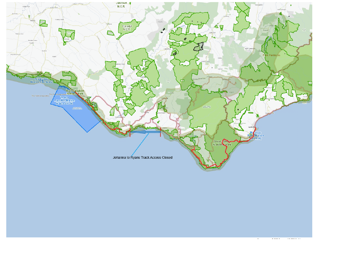 A map of the Great Ocean Walk showing the closed section between Johanna Beach and Ryans Den