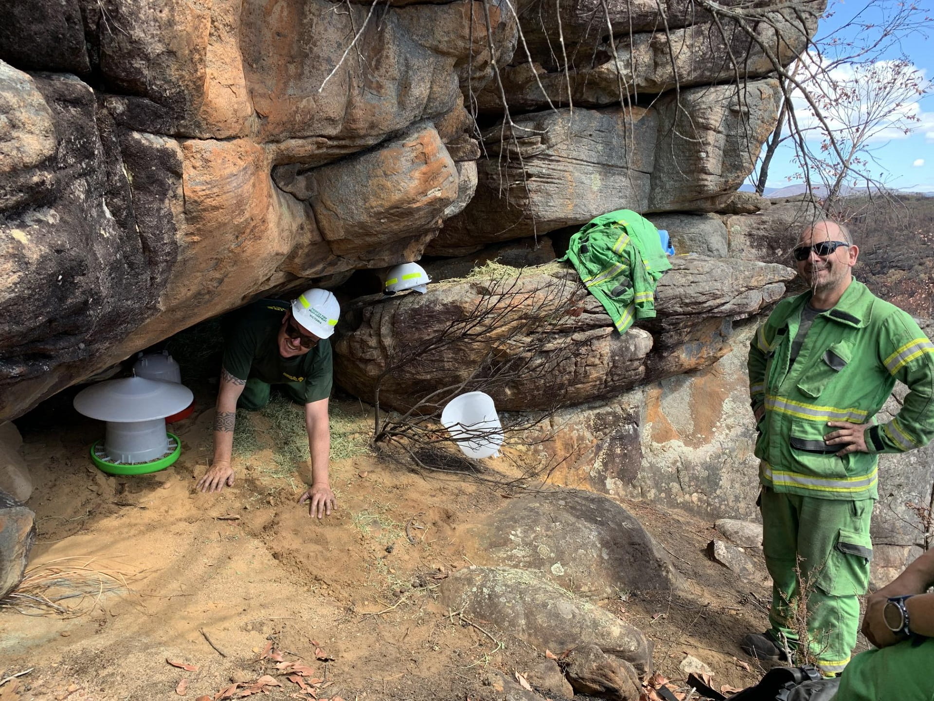 Joseph Terry, Project Manager Grampians Ark with Matthew Rogers, Field Ranger at one of 17 ground feeding stations in the Grampians (Gariwerd) National Park