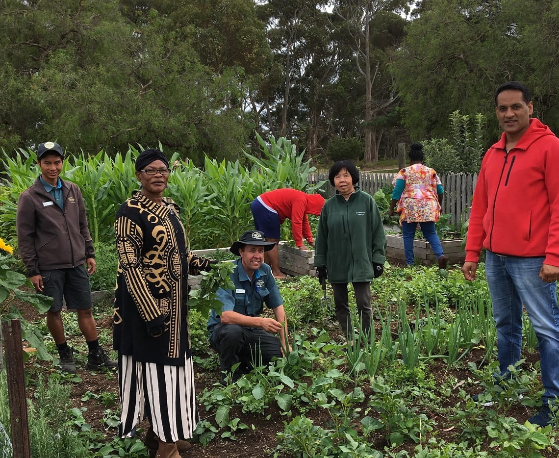 Community Ranger Hsar Ju with volunteers in the Community Kitchen Garden, Werribee Park