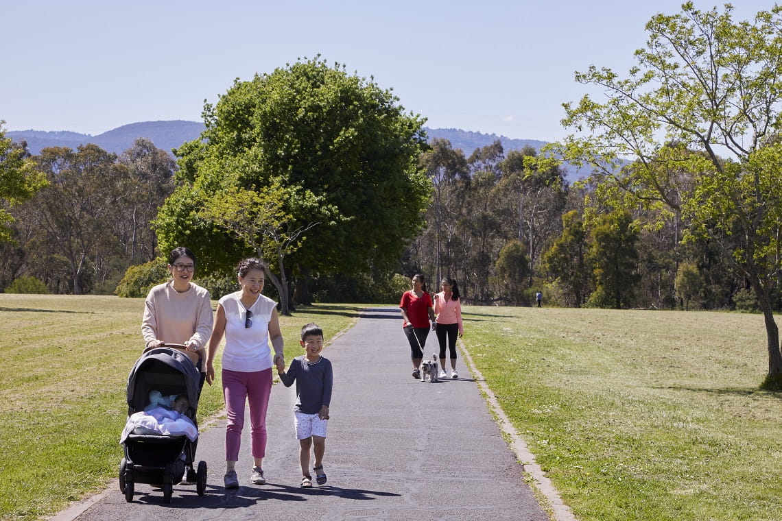 People walking on trail at Jells Park