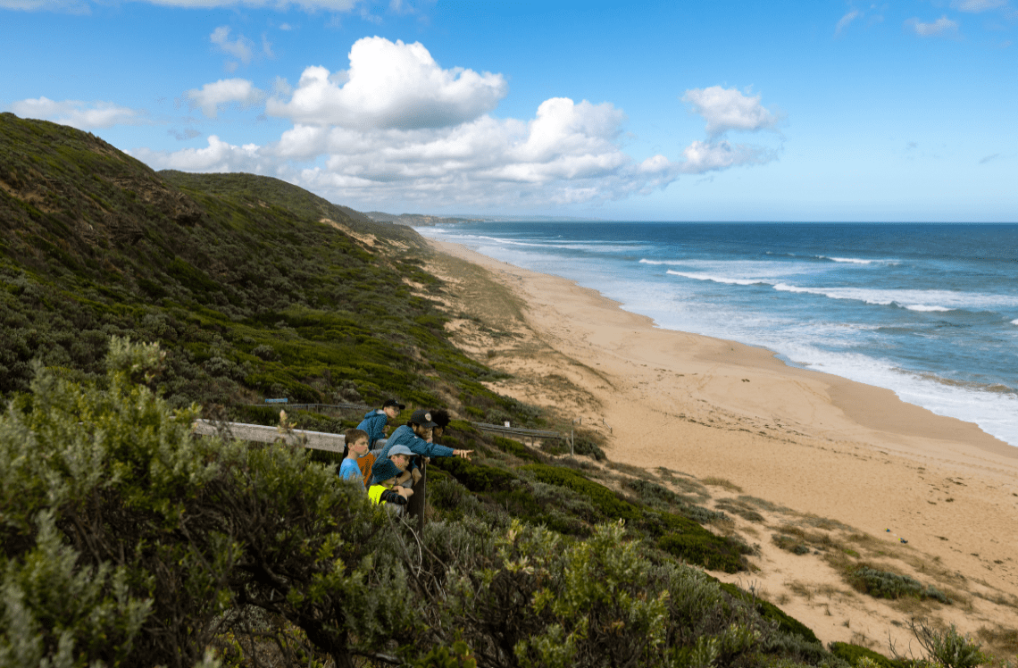 Ranger Rob leads a Junior Rangers Group at a lookout over Portsea Back Beach