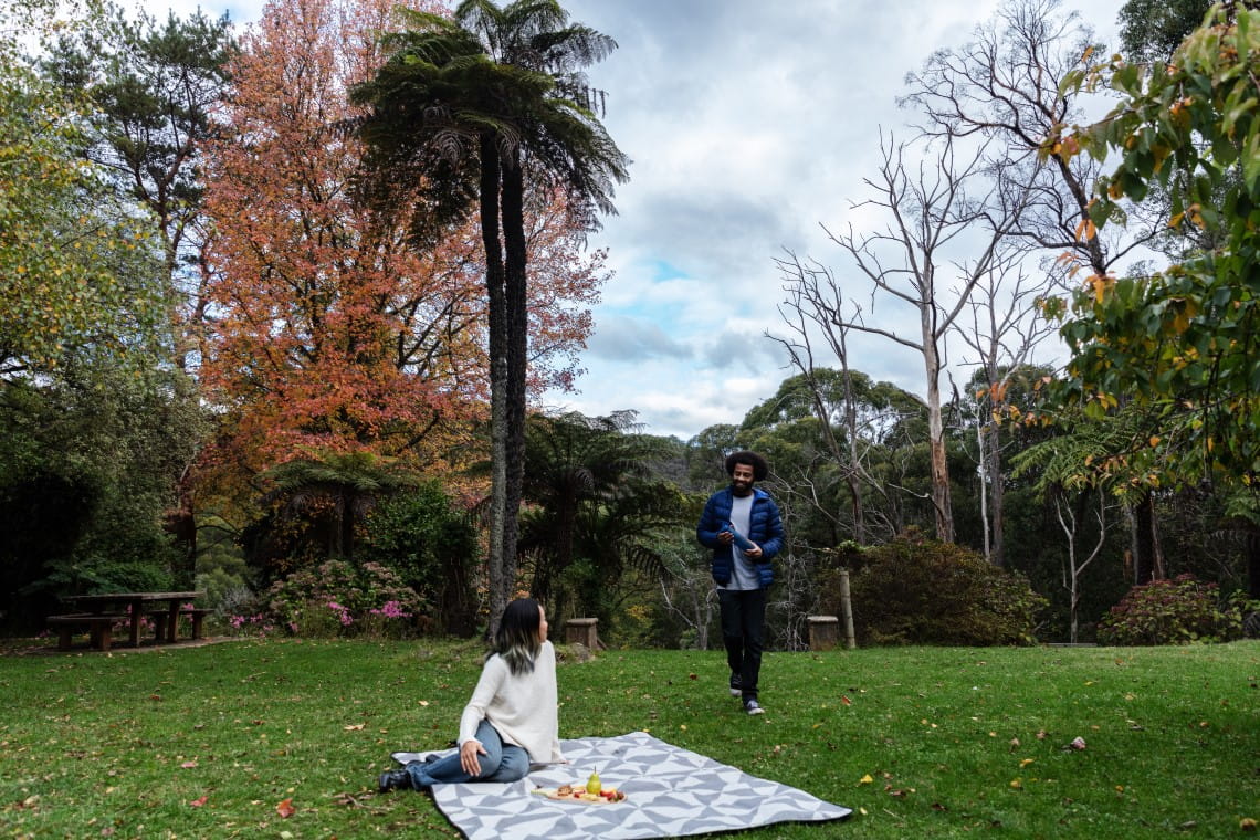 A man walking towards a woman sitting down on a picnic rug with with a fruit platter