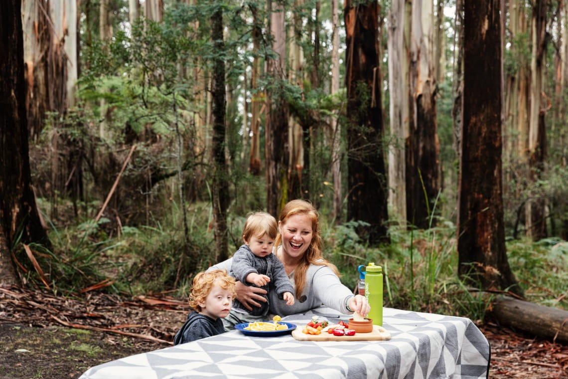 A mother sitting down on a picnic table with two children feasting on dips and fruits on reusable plates and tubs