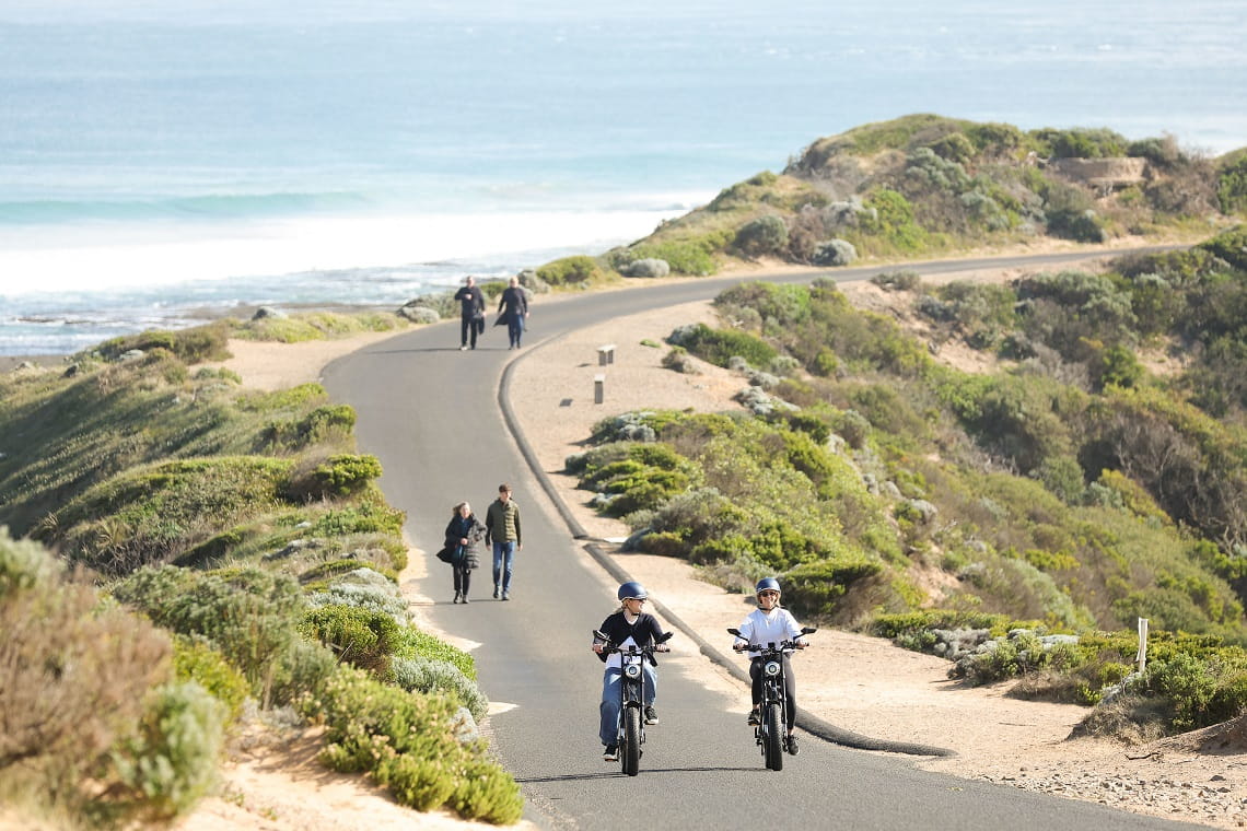 Cyclists and walkers using the shared road in Point Nepean National Park. 