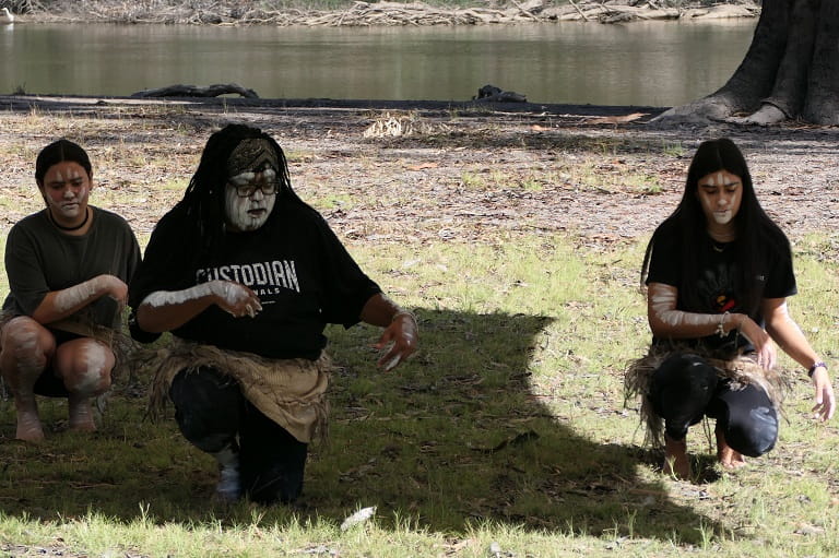 The Dhungala Yalka (River Children) Dance Group performing at a community event to raise awareness of the critically endangerd Australasian Bittern