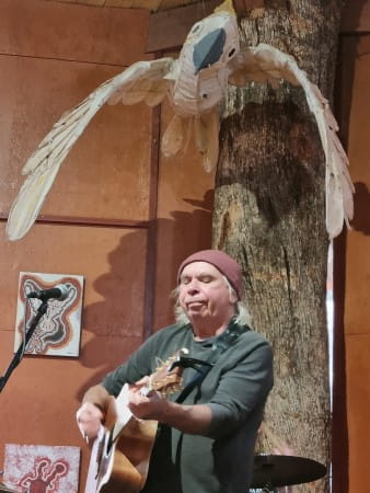 Andy Alberts performing to the audience holding a guitar