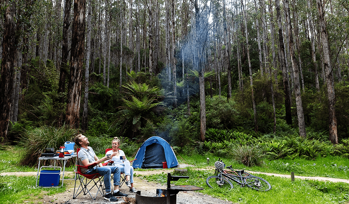 A couple camping at Lake Elizabeth Campground, Great Otway National Park