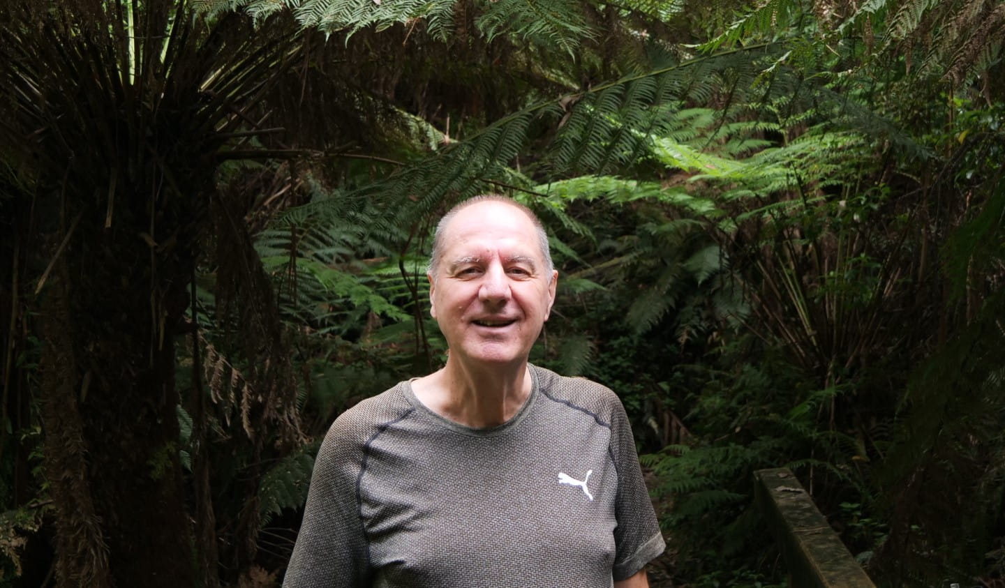 Volunteer member of the Friends of Mount Worth State Park Tony Castle stands on a bridge surrounded by lush tree ferns.