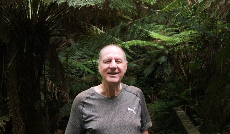 Volunteer member of the Friends of Mount Worth State Park Tony Castle stands on a bridge surrounded by lush tree ferns.