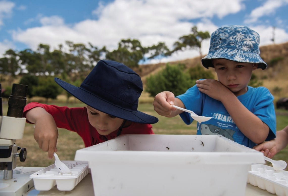 Two boys standing over a table outdoors. They are each holding spoons over a number of tubs laid on the table. They appear to be completing some type of activity.