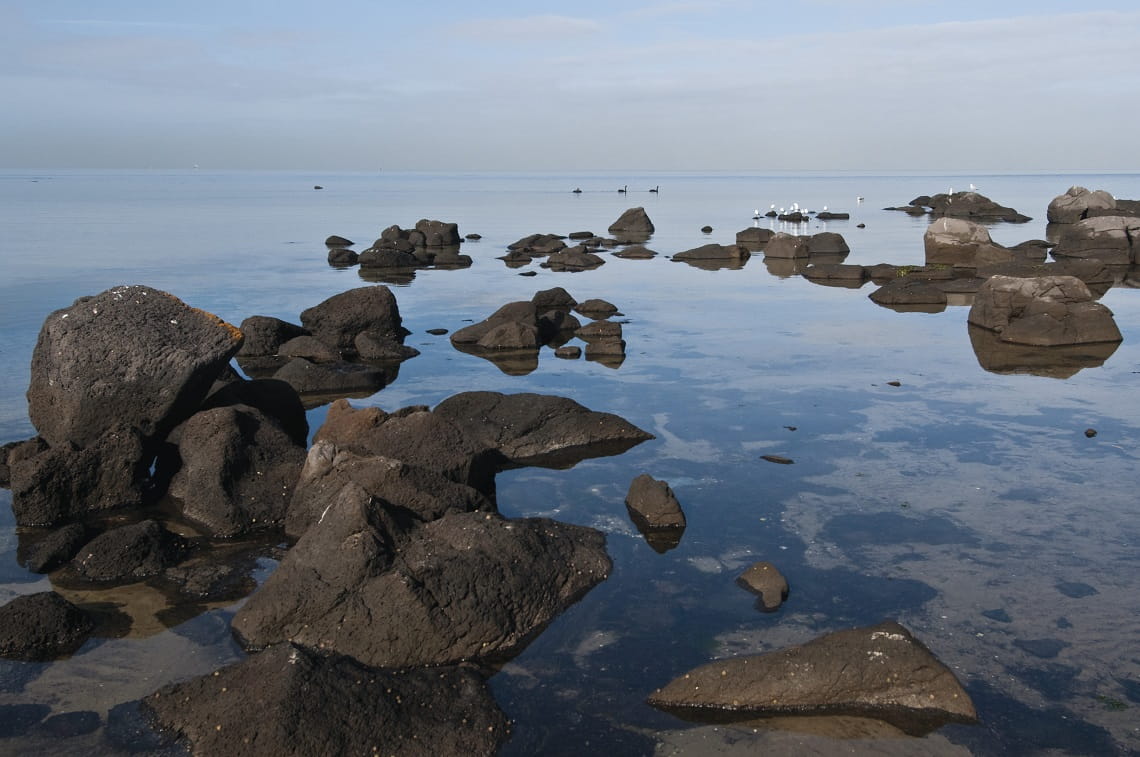 Brown rocks in shallow blue water. Horizon in the background.