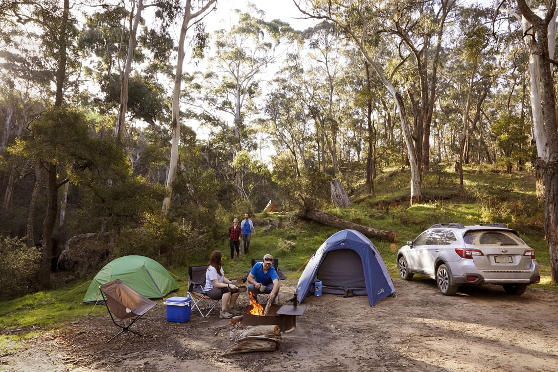 Four people camping at Lerderderg State Park surrounded by trees.