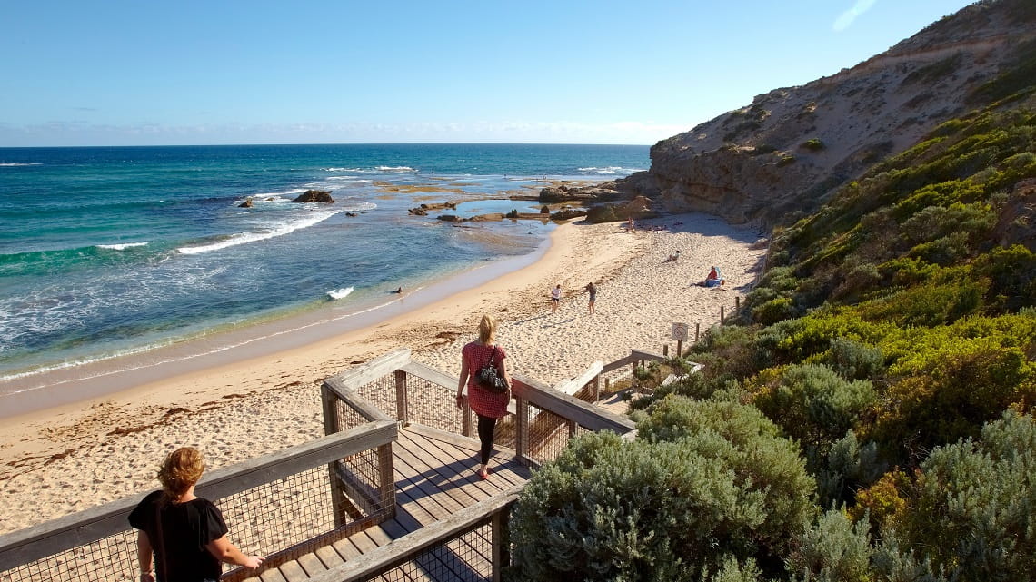 View of ocean, sand and vegetation. Two people are walking down a wooden staircase towards the shore.