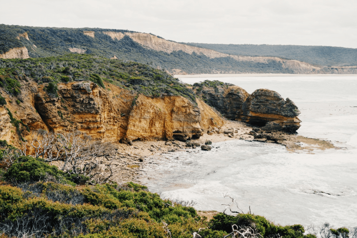 A wide shot of Point Addis from a lookout. A gentle wave is coming in to the beach towards a tall cliff face. The cliffs have green vegetation.